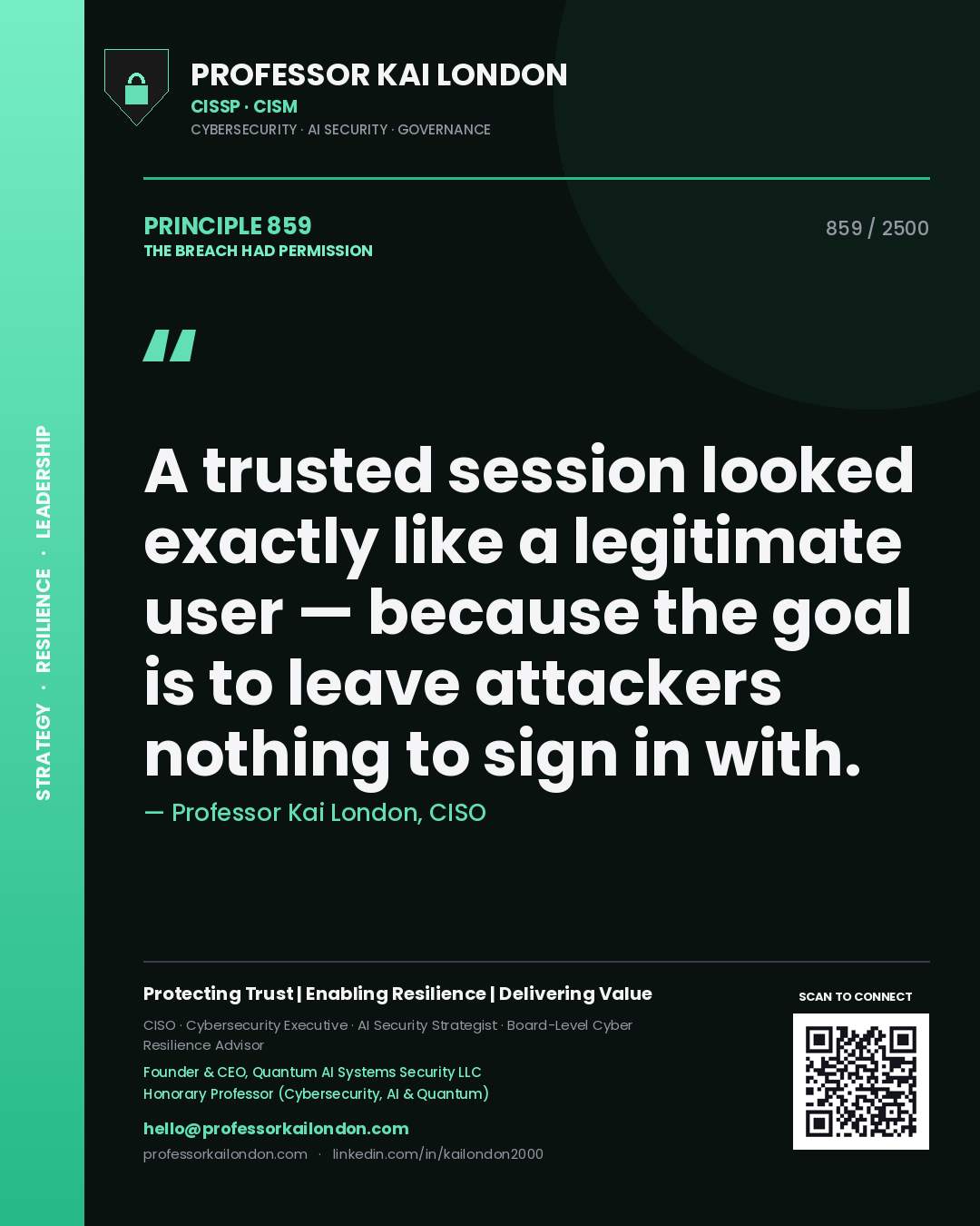 Professor Kai London principle 859: A trusted session looked exactly like a legitimate user — because the goal is to leave attackers nothing to sign in with.