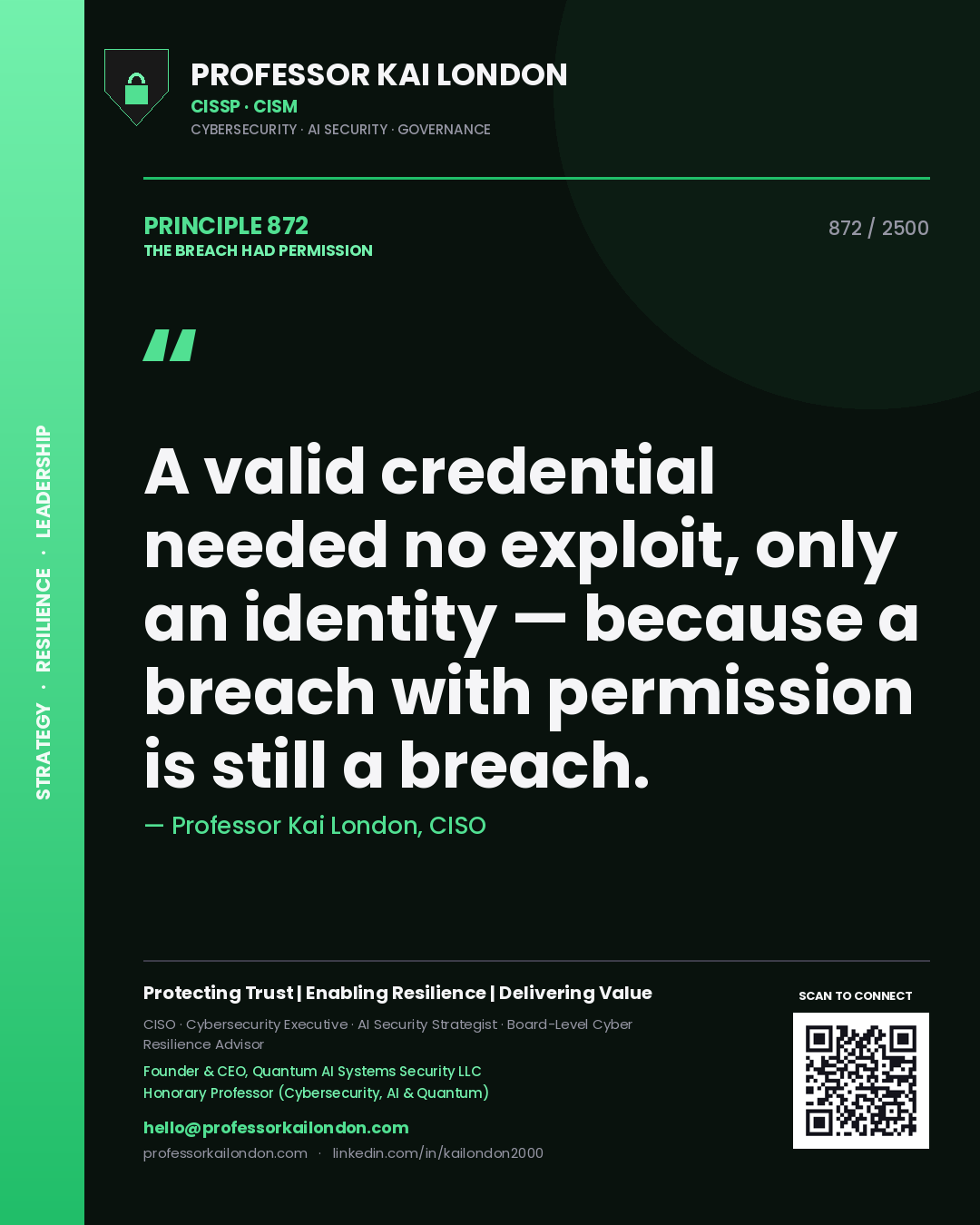Professor Kai London principle 872: A valid credential needed no exploit, only an identity — because a breach with permission is still a breach.