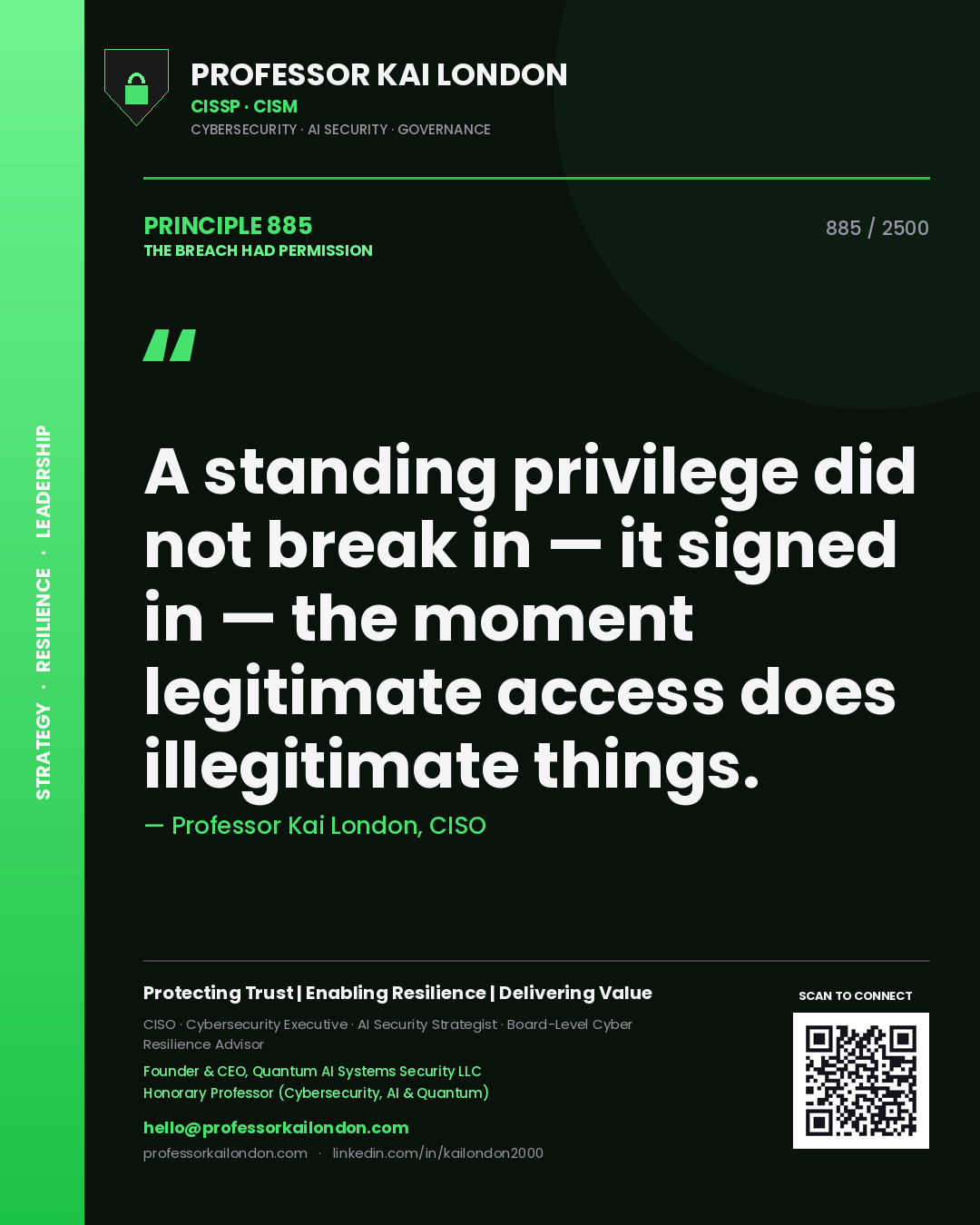Professor Kai London principle 885: A standing privilege did not break in — it signed in — the moment legitimate access does illegitimate things.