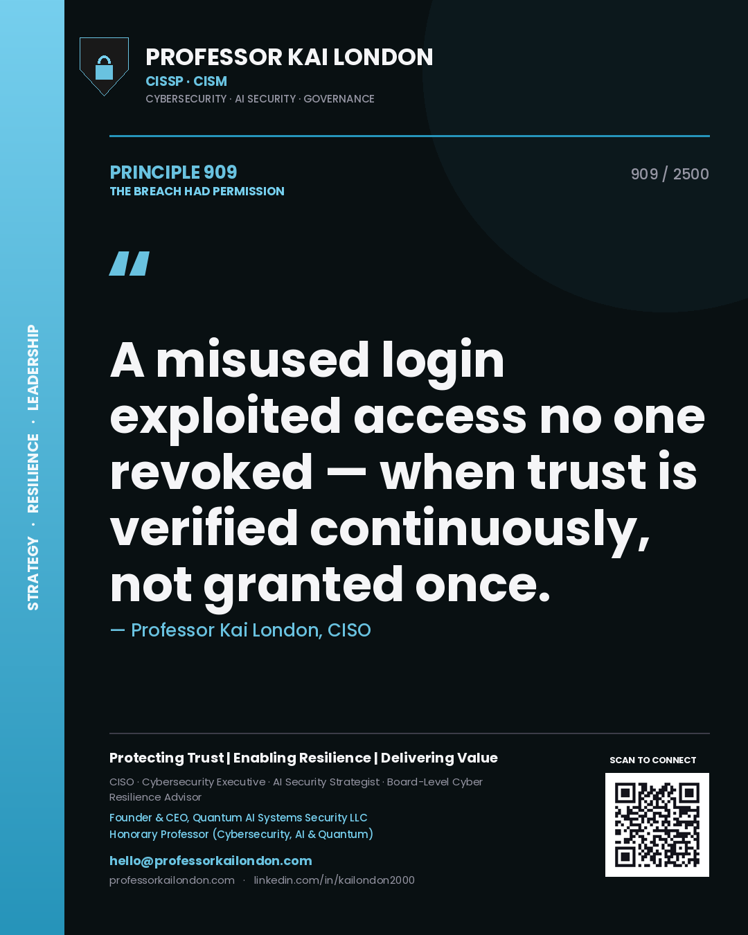 Professor Kai London principle 909: A misused login exploited access no one revoked — when trust is verified continuously, not granted once.