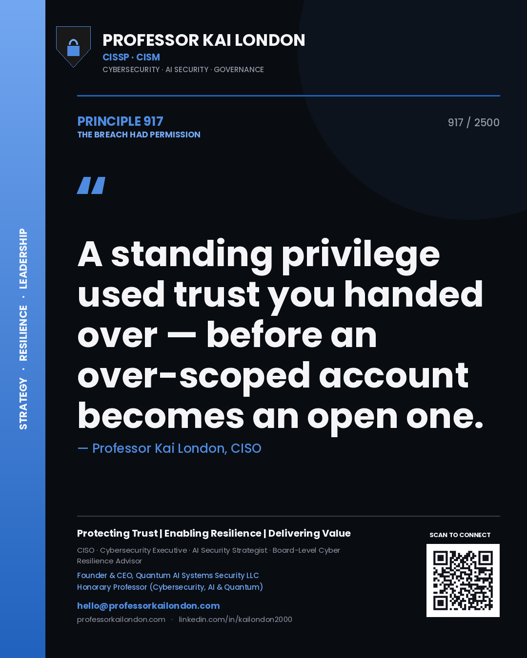 Professor Kai London principle 917: A standing privilege used trust you handed over — before an over-scoped account becomes an open one.
