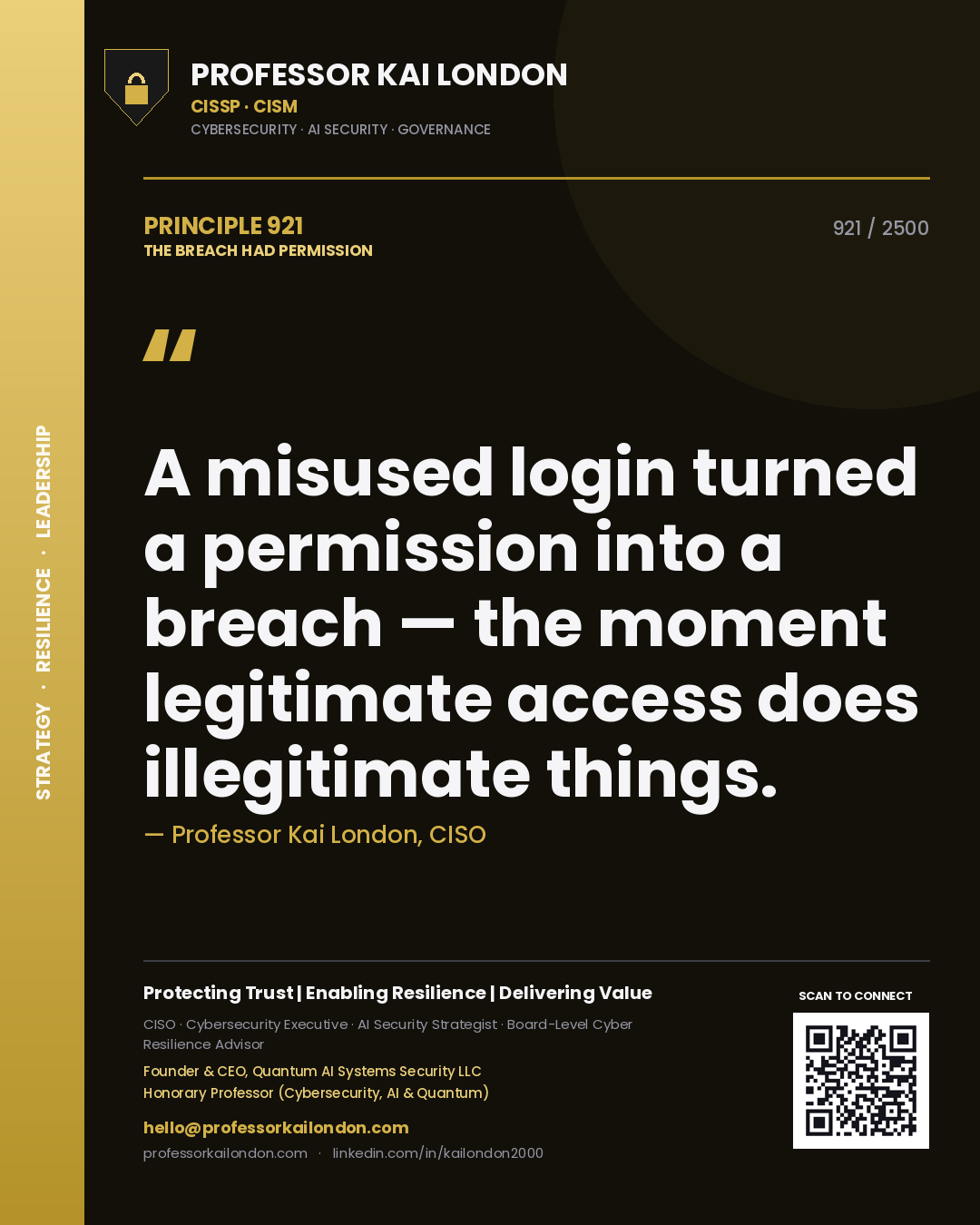 Professor Kai London principle 921: A misused login turned a permission into a breach — the moment legitimate access does illegitimate things.