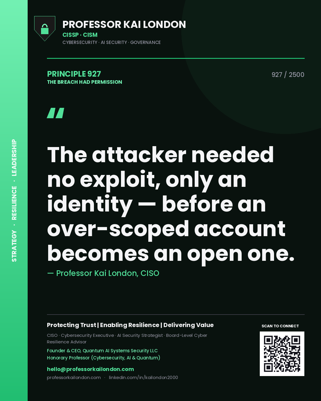 Professor Kai London principle 927: The attacker needed no exploit, only an identity — before an over-scoped account becomes an open one.