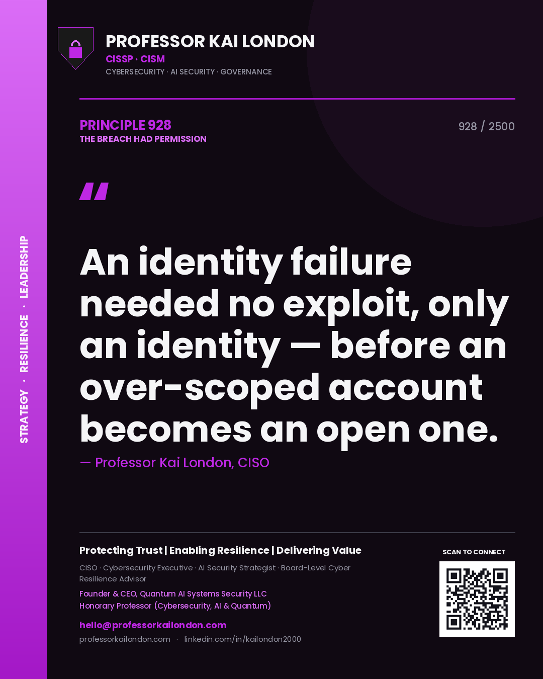 Professor Kai London principle 928: An identity failure needed no exploit, only an identity — before an over-scoped account becomes an open one.