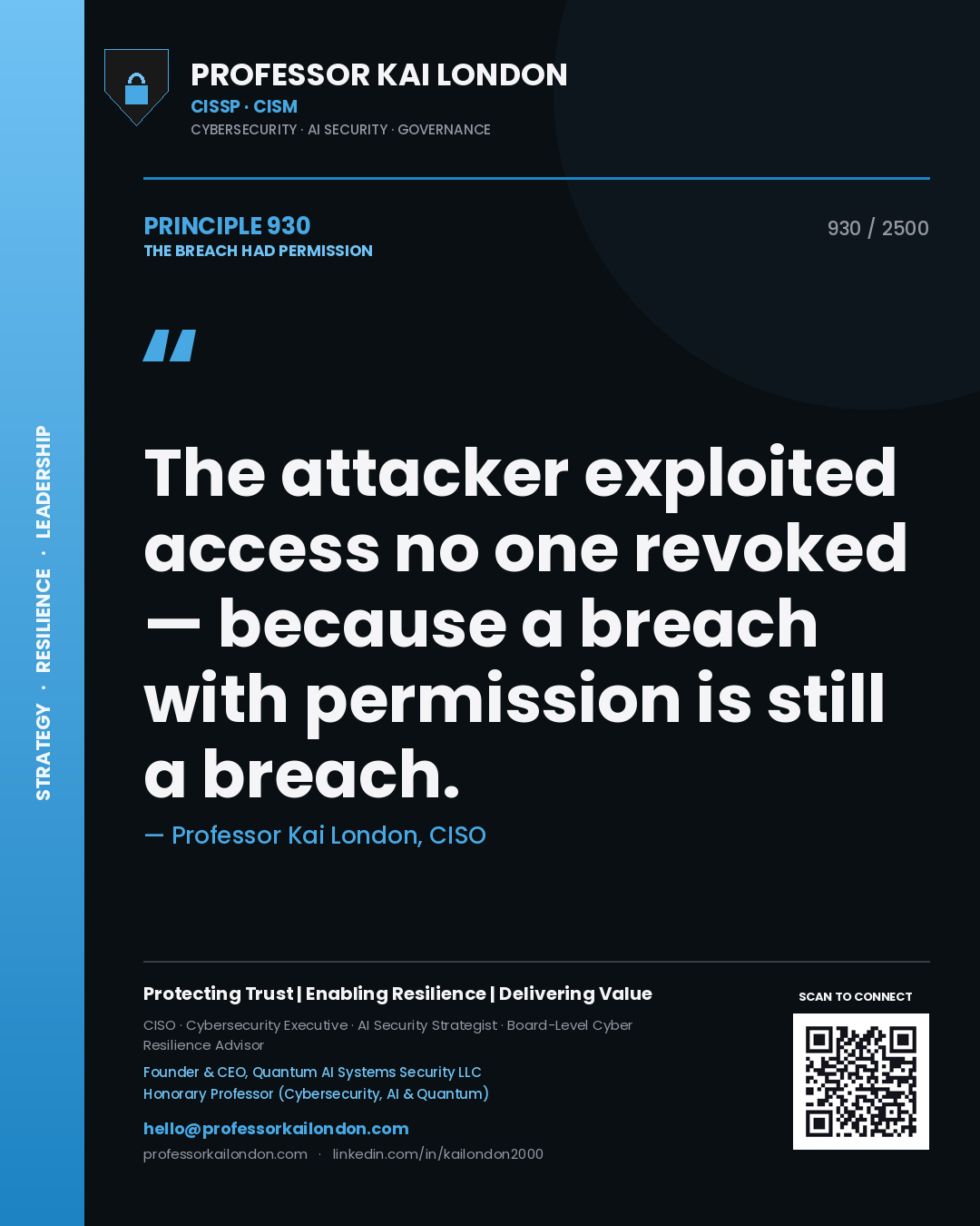 Professor Kai London principle 930: The attacker exploited access no one revoked — because a breach with permission is still a breach.