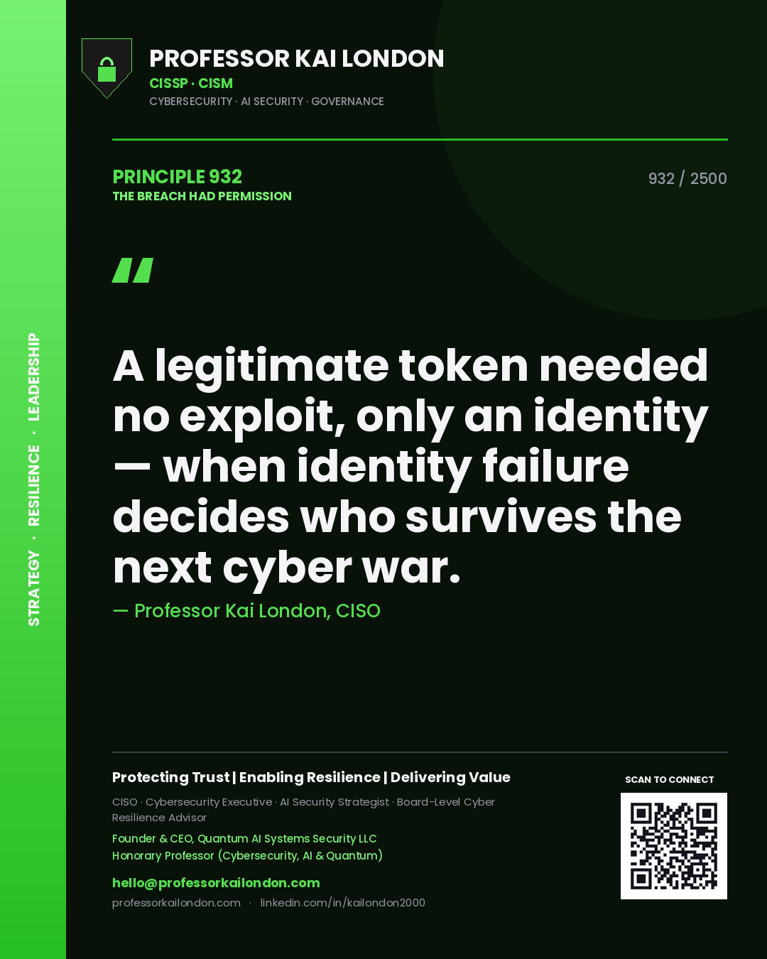 Professor Kai London principle 932: A legitimate token needed no exploit, only an identity — when identity failure decides who survives the next cyber war.