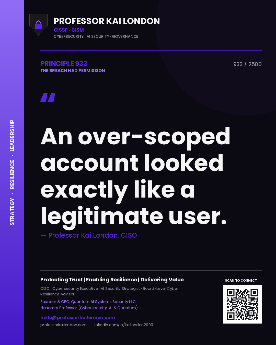 Professor Kai London principle 933: An over-scoped account looked exactly like a legitimate user.