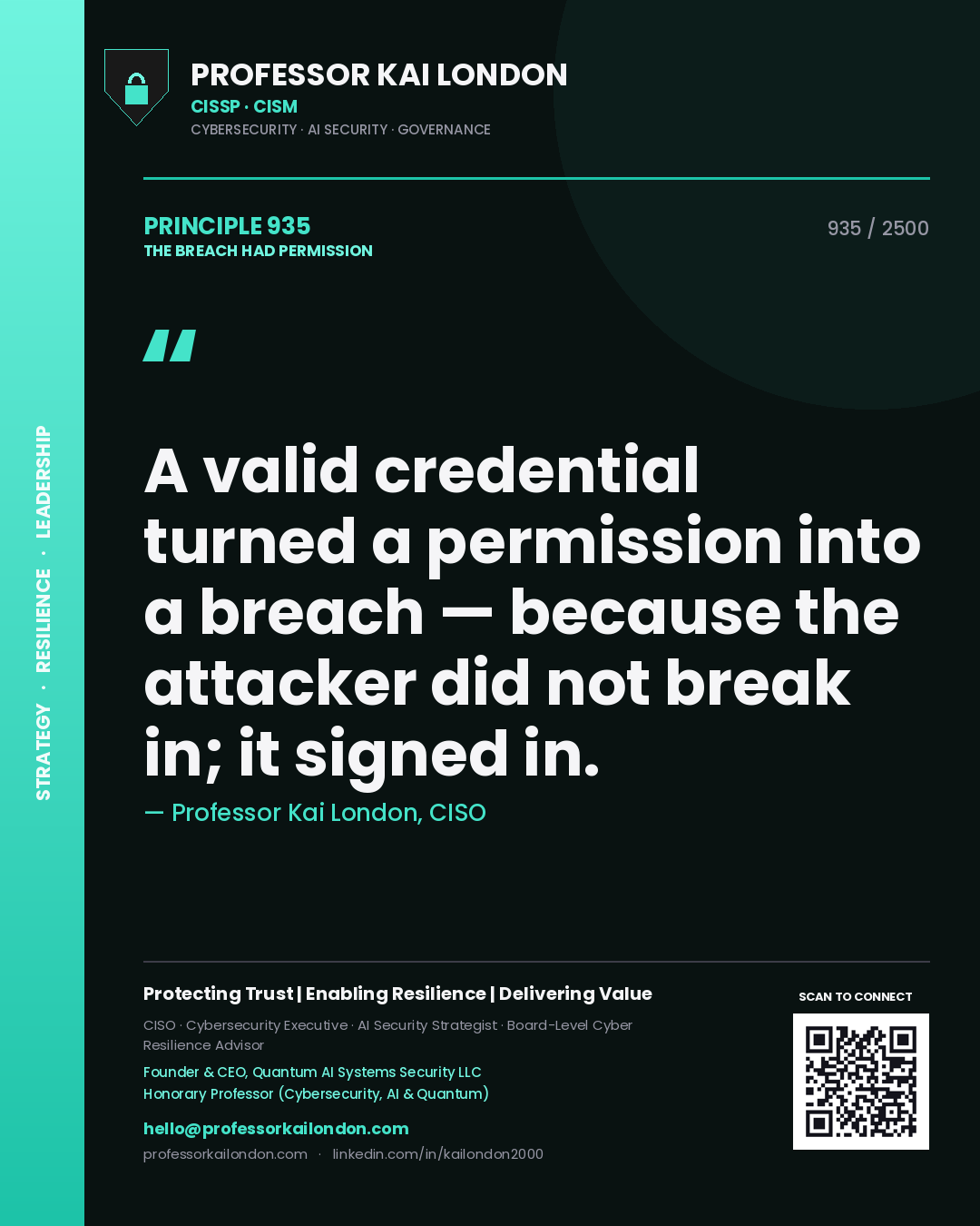 Professor Kai London principle 935: A valid credential turned a permission into a breach — because the attacker did not break in; it signed in.