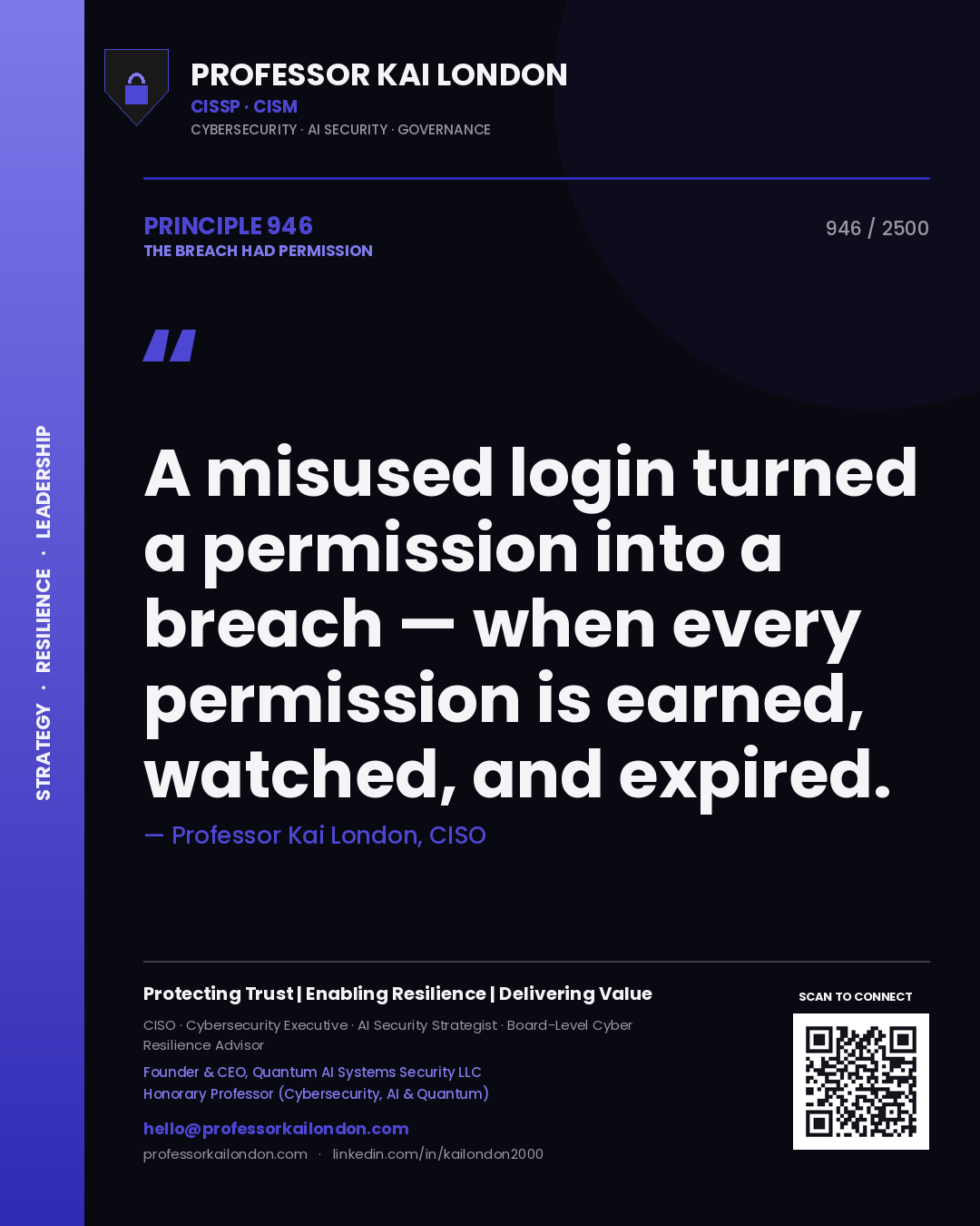 Professor Kai London principle 946: A misused login turned a permission into a breach — when every permission is earned, watched, and expired.