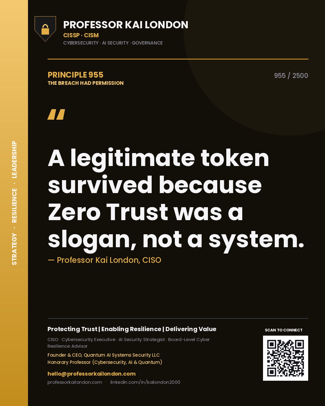 Professor Kai London principle 955: A legitimate token survived because Zero Trust was a slogan, not a system.