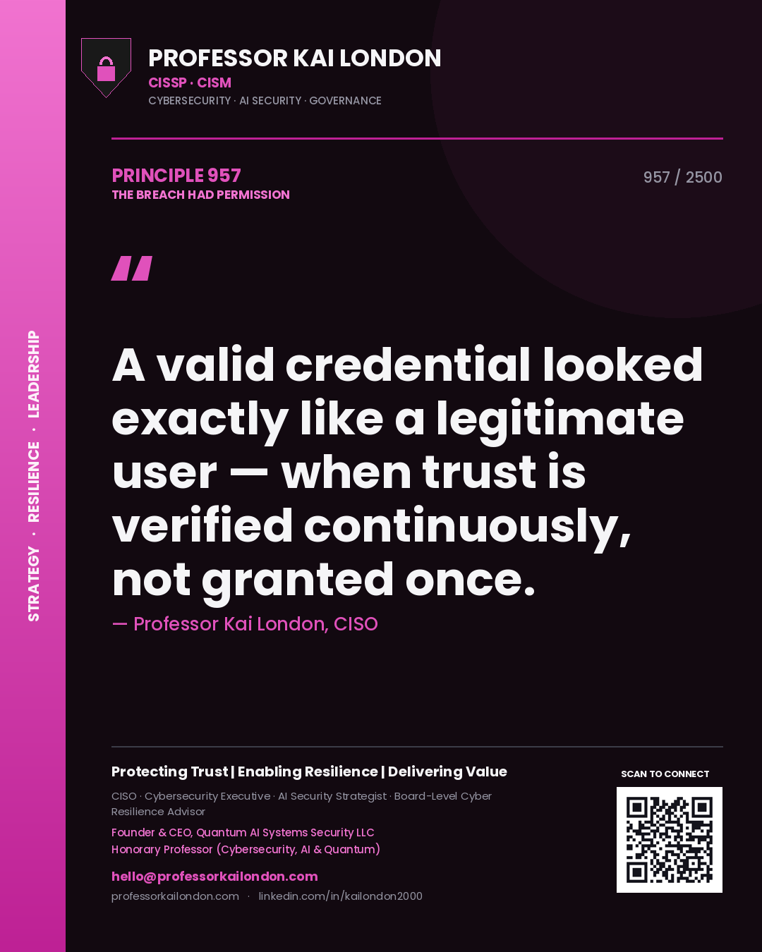 Professor Kai London principle 957: A valid credential looked exactly like a legitimate user — when trust is verified continuously, not granted once.