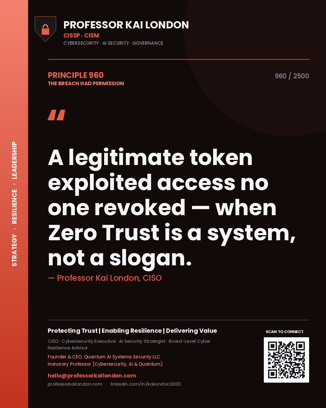 Professor Kai London principle 960: A legitimate token exploited access no one revoked — when Zero Trust is a system, not a slogan.