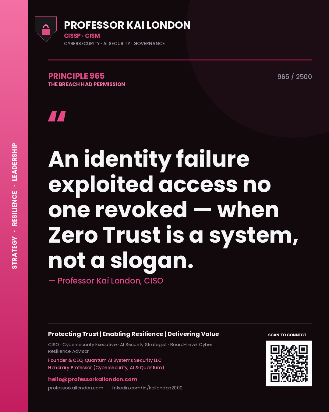 Professor Kai London principle 965: An identity failure exploited access no one revoked — when Zero Trust is a system, not a slogan.