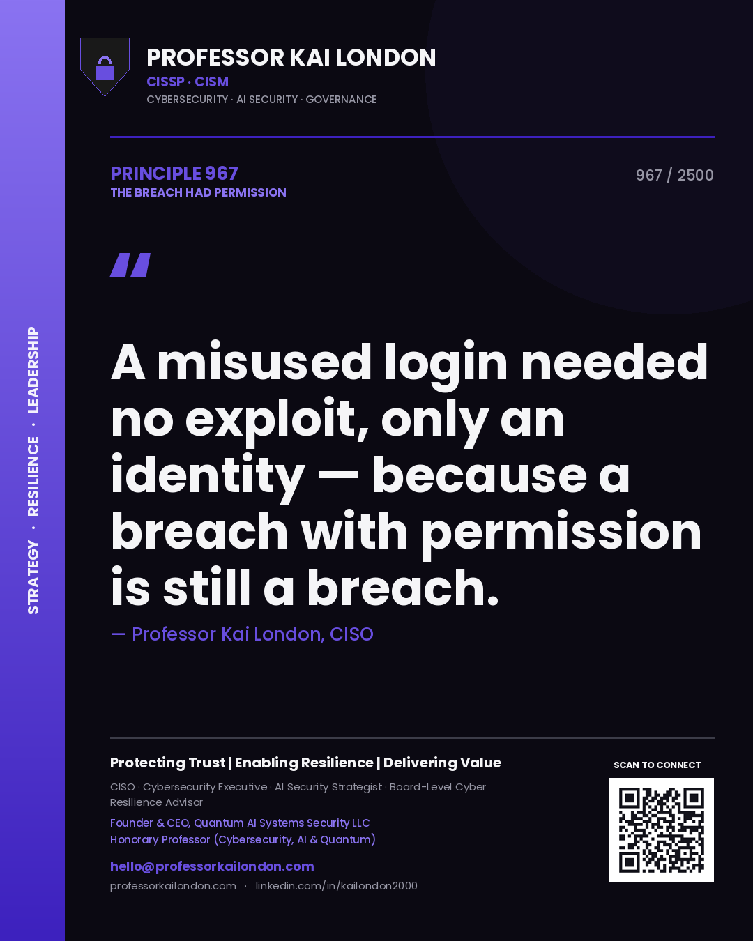 Professor Kai London principle 967: A misused login needed no exploit, only an identity — because a breach with permission is still a breach.