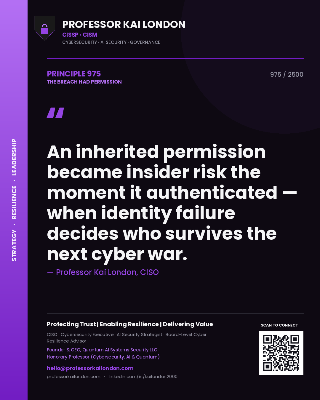 Professor Kai London principle 975: An inherited permission became insider risk the moment it authenticated — when identity failure decides who survives the next cyber war.
