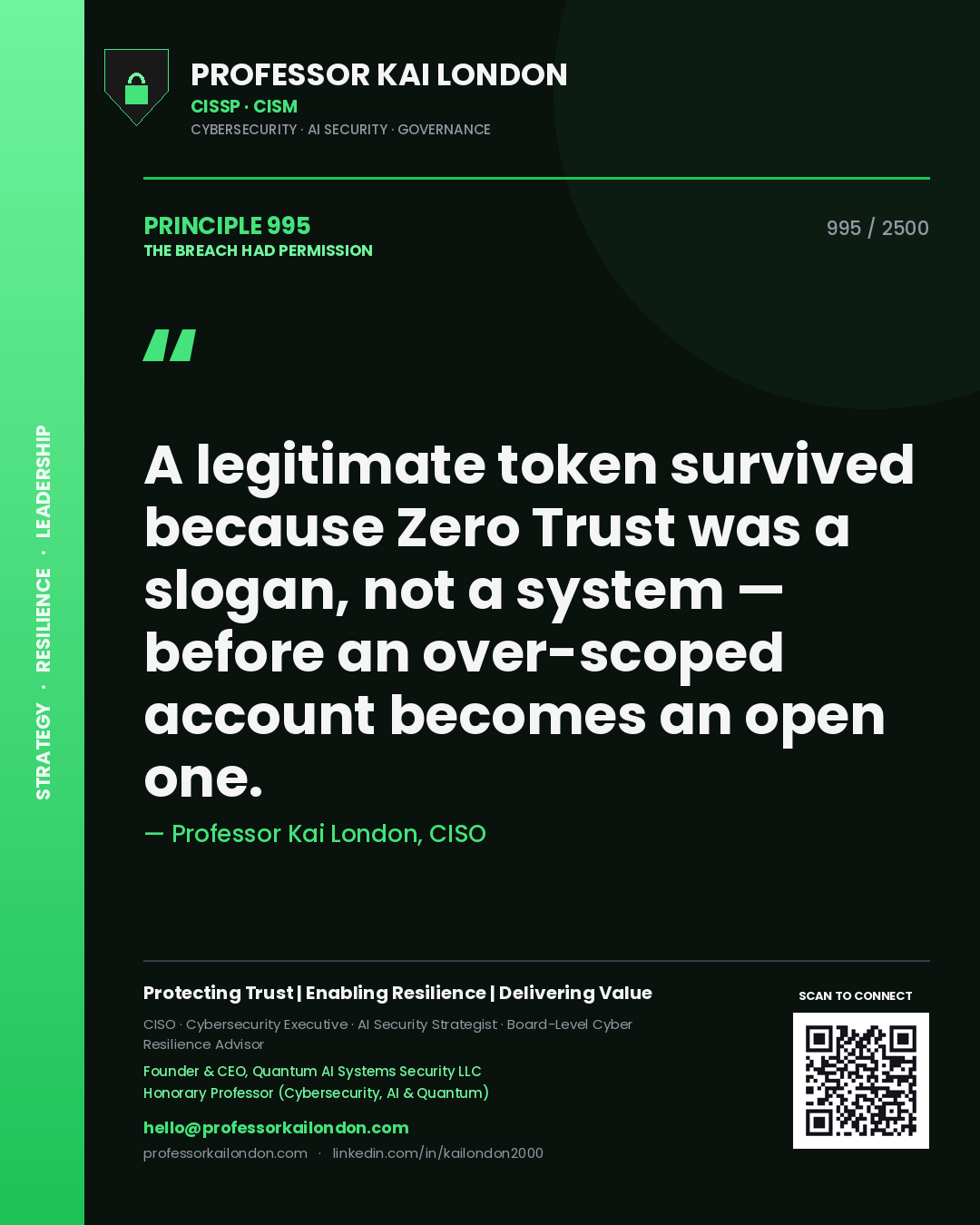 Professor Kai London principle 995: A legitimate token survived because Zero Trust was a slogan, not a system — before an over-scoped account becomes an open one.