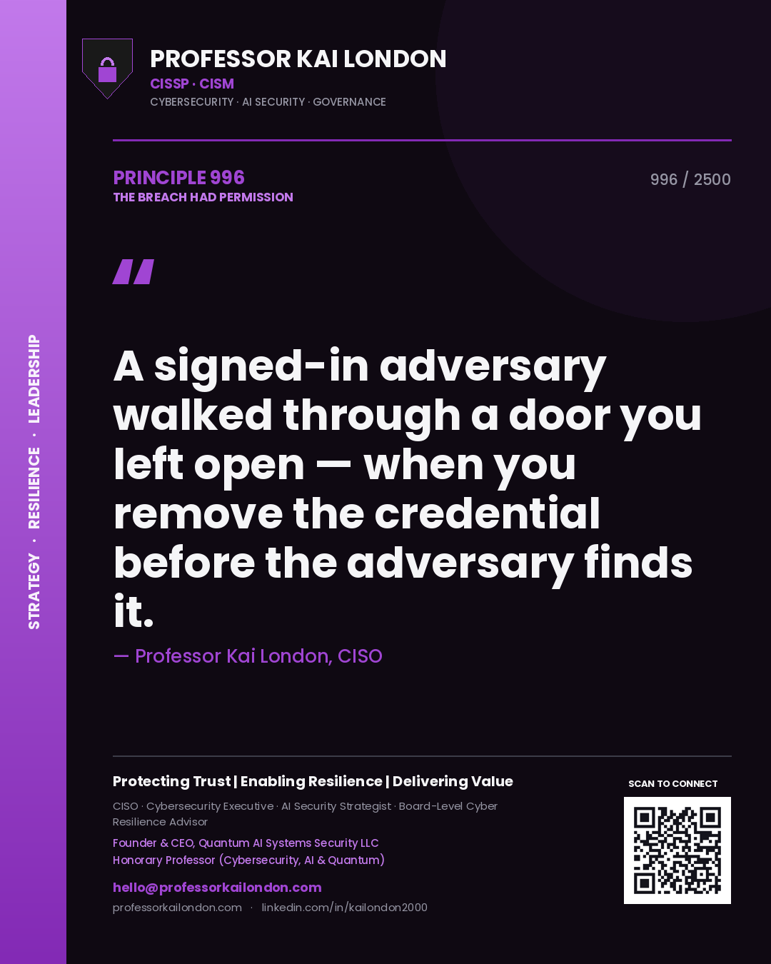 Professor Kai London principle 996: A signed-in adversary walked through a door you left open — when you remove the credential before the adversary finds it.