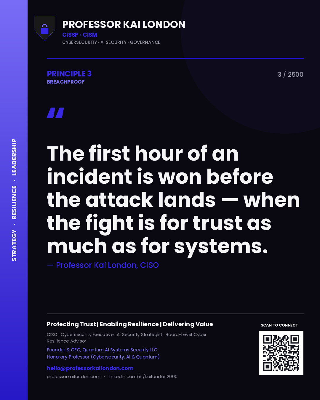 Professor Kai London principle 3: The first hour of an incident is won before the attack lands — when the fight is for trust as much as for systems.