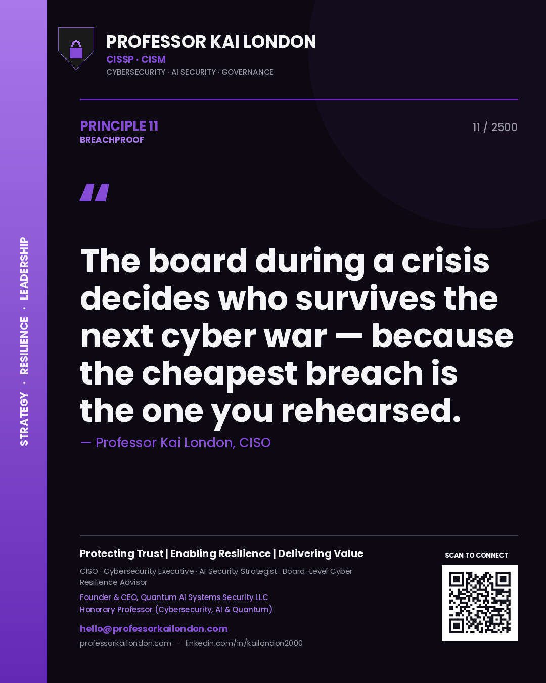 Professor Kai London principle 11: The board during a crisis decides who survives the next cyber war — because the cheapest breach is the one you rehearsed.