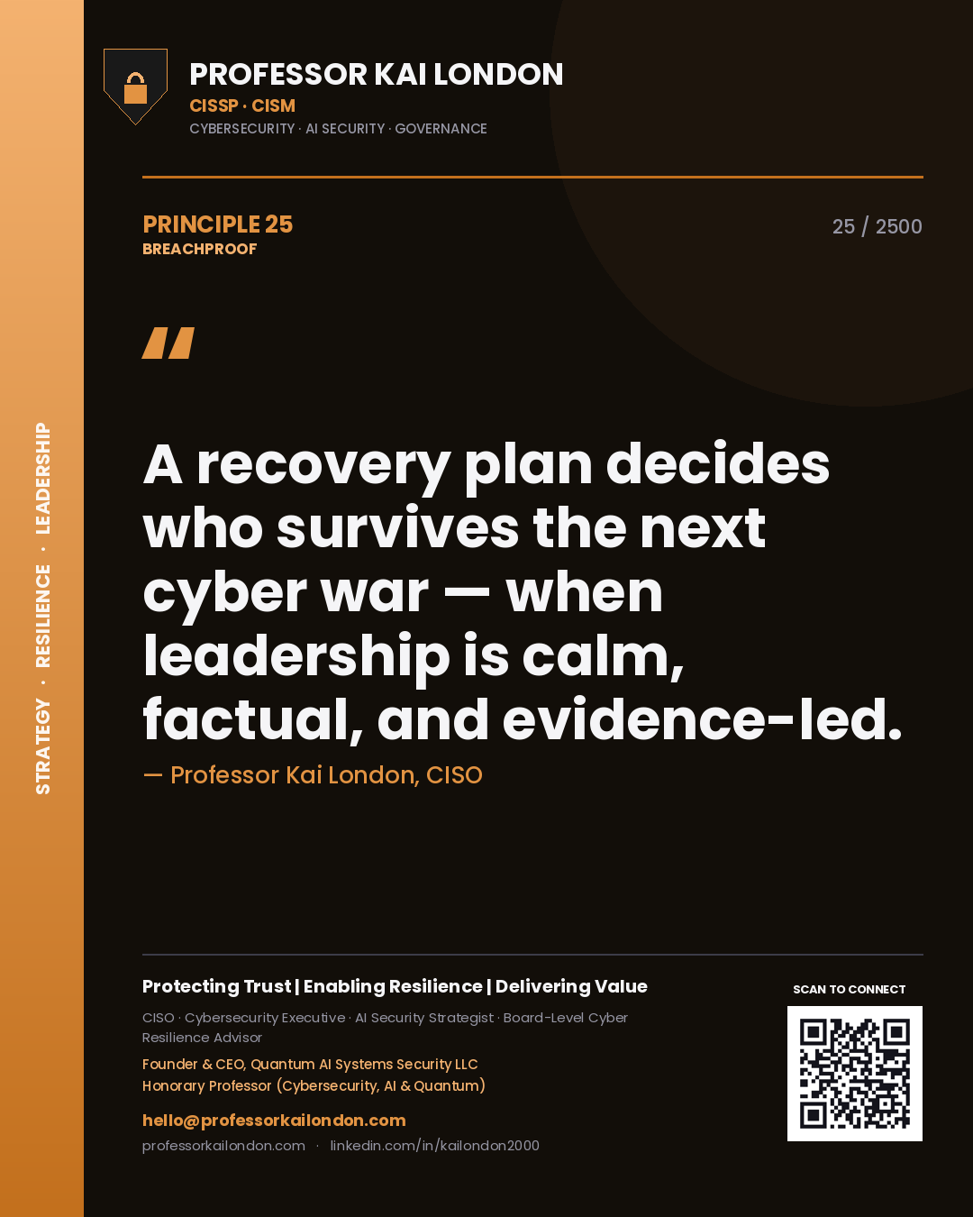 Professor Kai London principle 25: A recovery plan decides who survives the next cyber war — when leadership is calm, factual, and evidence-led.