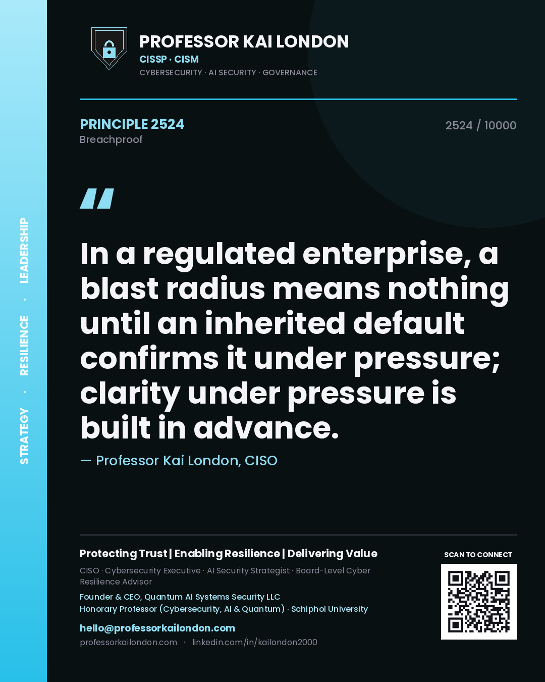 Professor Kai London principle 2524: In a regulated enterprise, a blast radius means nothing until an inherited default confirms it under pressure; clarity under pressure is built in advance.