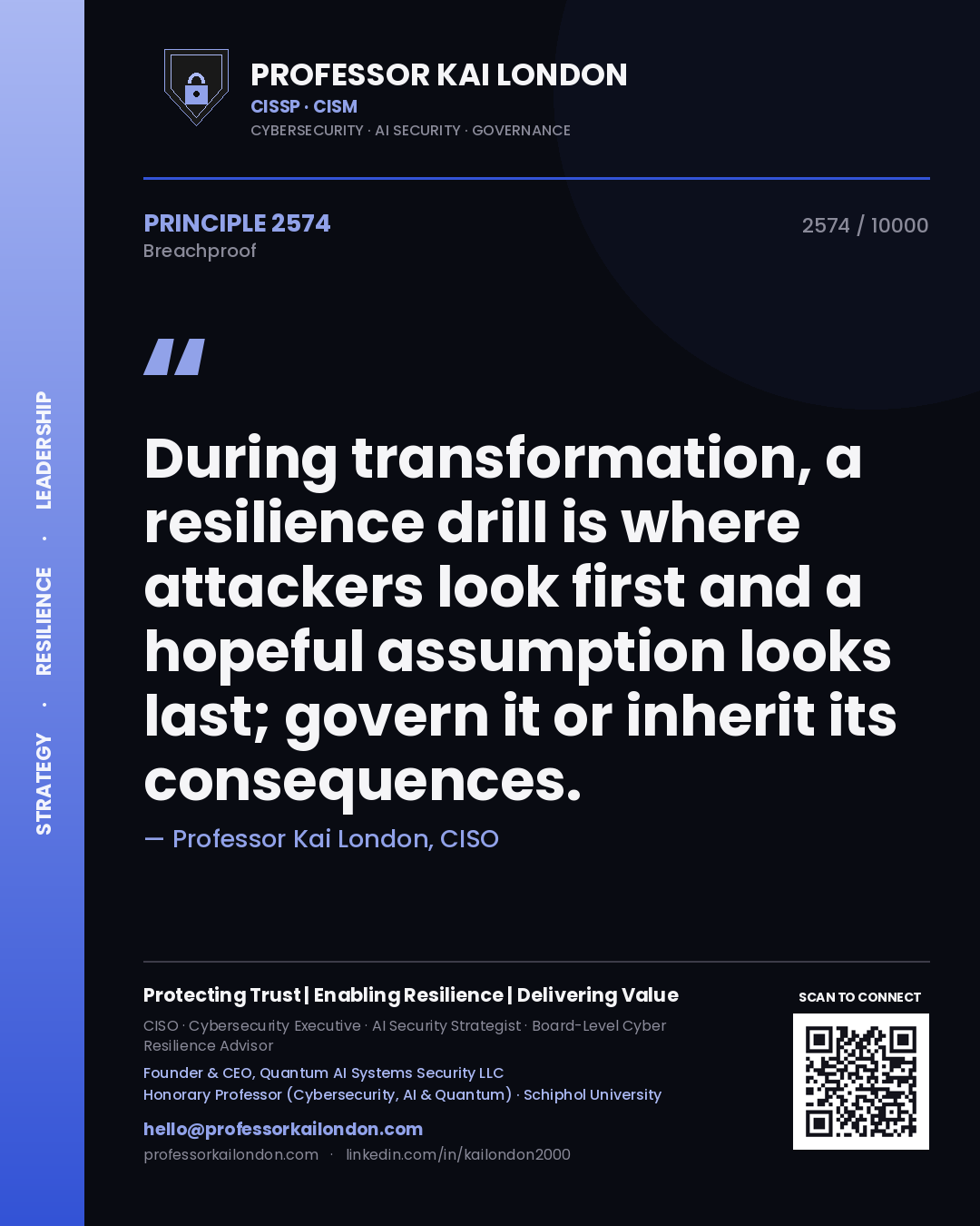 Professor Kai London principle 2574: During transformation, a resilience drill is where attackers look first and a hopeful assumption looks last; govern it or inherit its consequences.