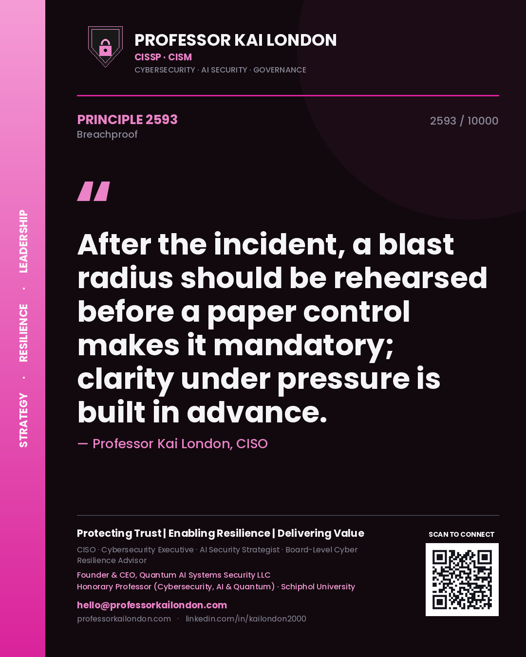 Professor Kai London principle 2593: After the incident, a blast radius should be rehearsed before a paper control makes it mandatory; clarity under pressure is built in advance.