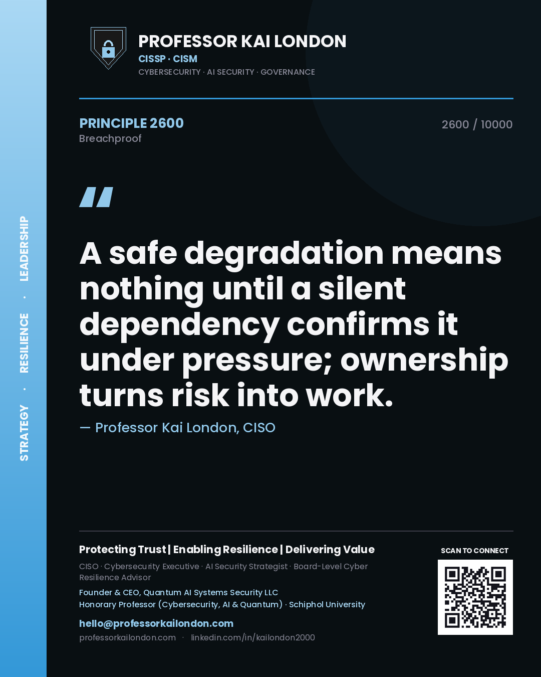 Professor Kai London principle 2600: A safe degradation means nothing until a silent dependency confirms it under pressure; ownership turns risk into work.
