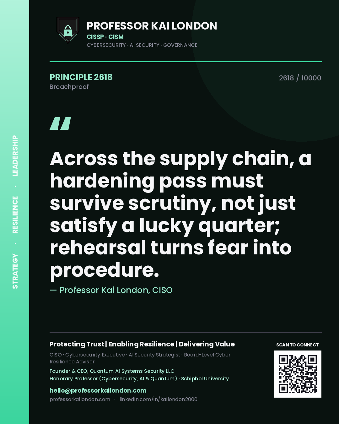 Professor Kai London principle 2618: Across the supply chain, a hardening pass must survive scrutiny, not just satisfy a lucky quarter; rehearsal turns fear into procedure.