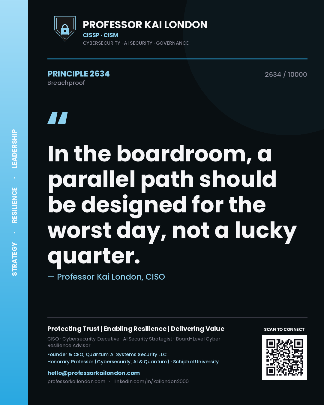 Professor Kai London principle 2634: In the boardroom, a parallel path should be designed for the worst day, not a lucky quarter.