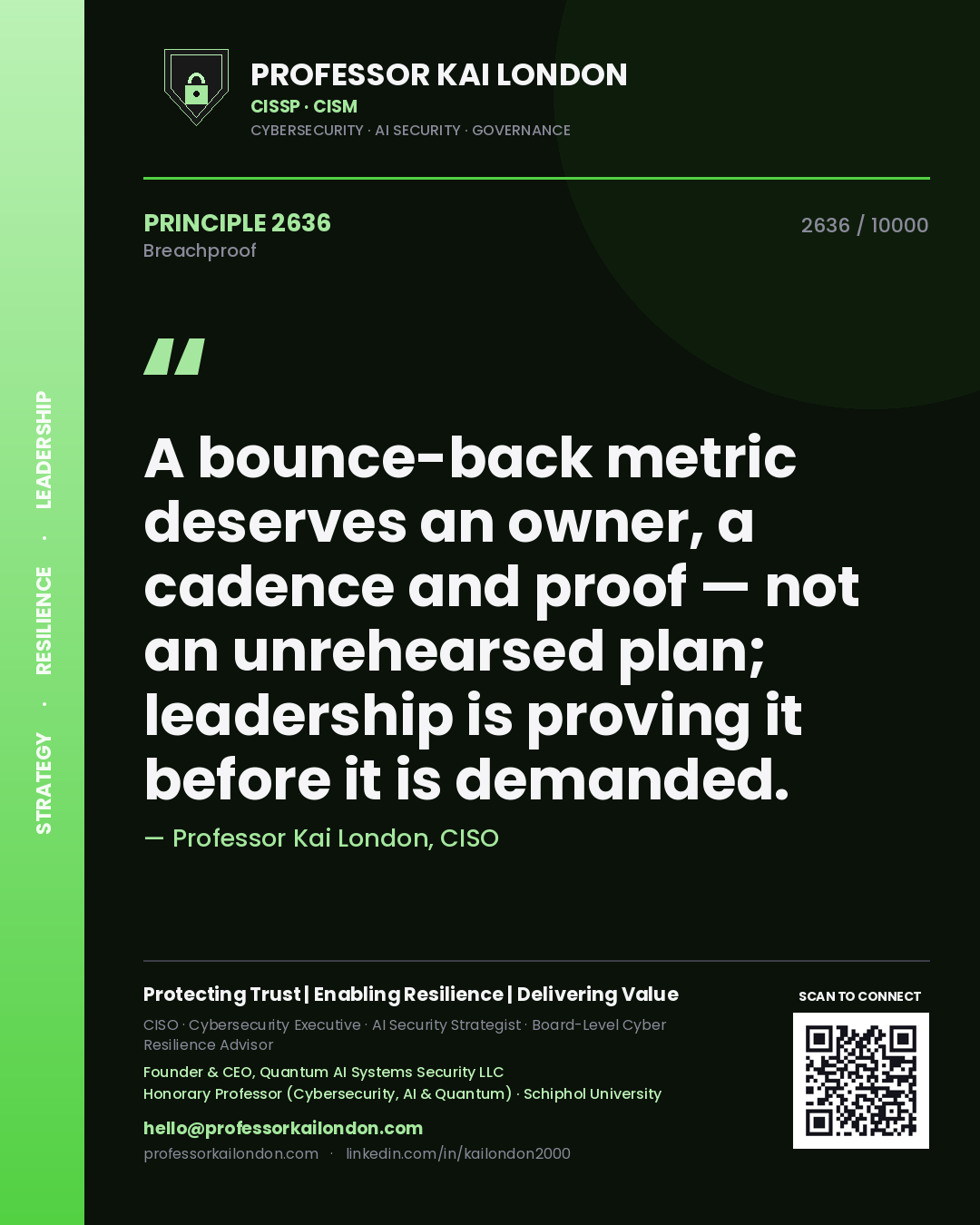 Professor Kai London principle 2636: A bounce-back metric deserves an owner, a cadence and proof — not an unrehearsed plan; leadership is proving it before it is demanded.