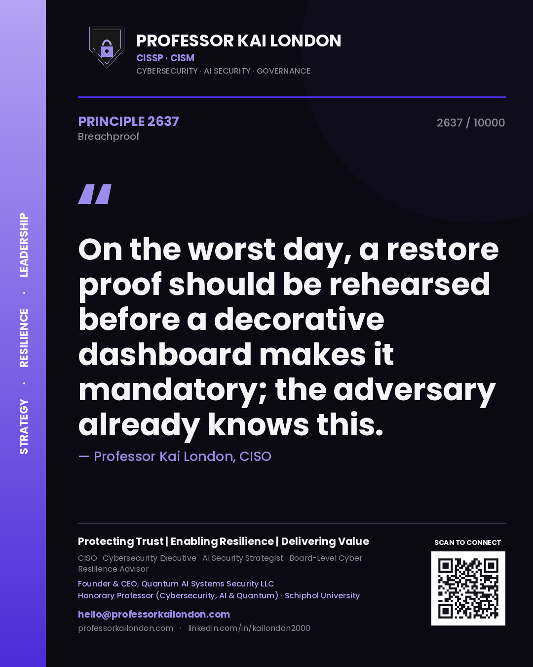 Professor Kai London principle 2637: On the worst day, a restore proof should be rehearsed before a decorative dashboard makes it mandatory; the adversary already knows this.