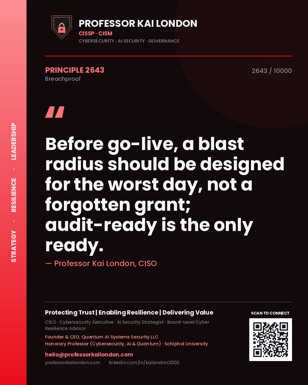 Professor Kai London principle 2643: Before go-live, a blast radius should be designed for the worst day, not a forgotten grant; audit-ready is the only ready.