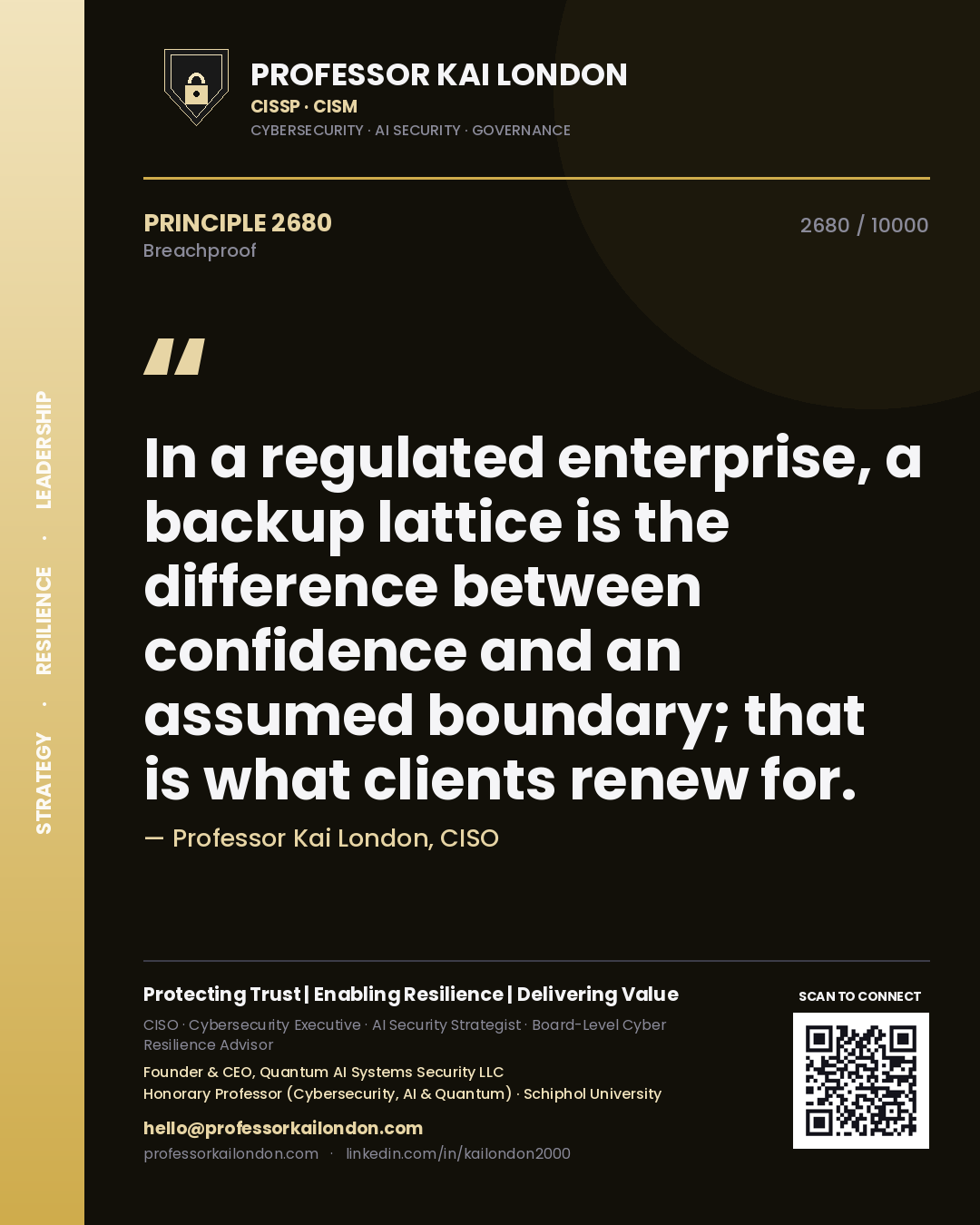 Professor Kai London principle 2680: In a regulated enterprise, a backup lattice is the difference between confidence and an assumed boundary; that is what clients renew for.