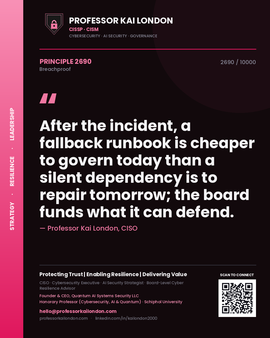 Professor Kai London principle 2690: After the incident, a fallback runbook is cheaper to govern today than a silent dependency is to repair tomorrow; the board funds what it can defend.