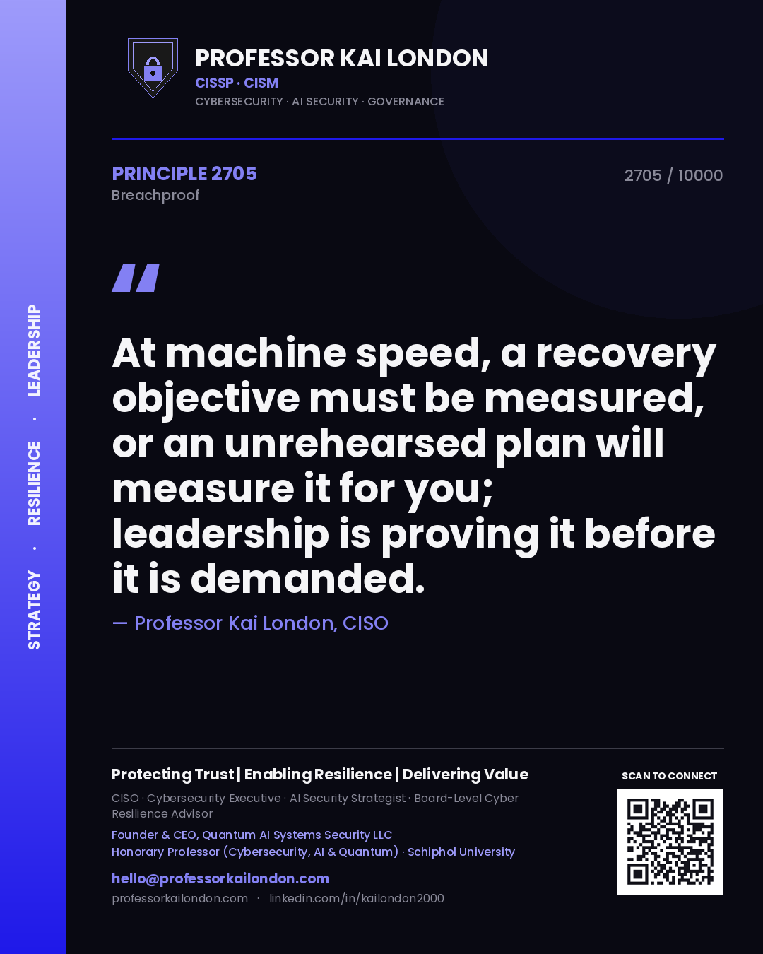 Professor Kai London principle 2705: At machine speed, a recovery objective must be measured, or an unrehearsed plan will measure it for you; leadership is proving it before it is demanded.
