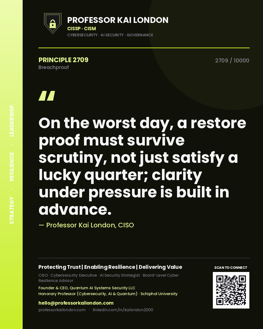 Professor Kai London principle 2709: On the worst day, a restore proof must survive scrutiny, not just satisfy a lucky quarter; clarity under pressure is built in advance.