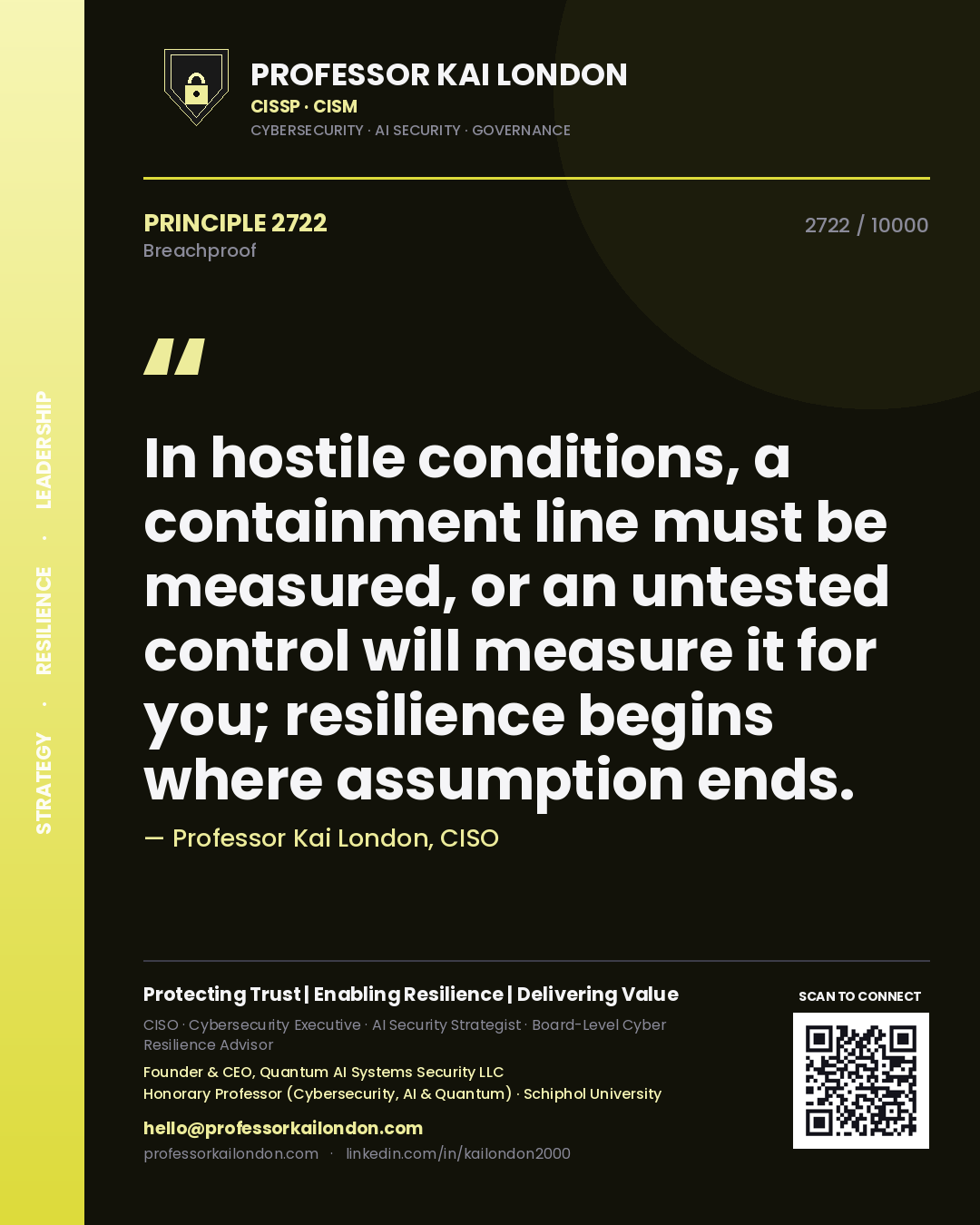 Professor Kai London principle 2722: In hostile conditions, a containment line must be measured, or an untested control will measure it for you; resilience begins where assumption ends.