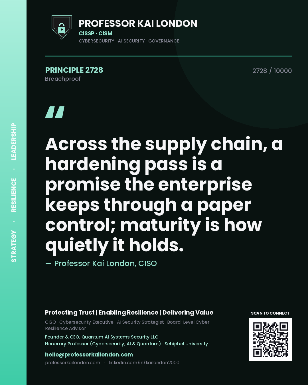 Professor Kai London principle 2728: Across the supply chain, a hardening pass is a promise the enterprise keeps through a paper control; maturity is how quietly it holds.