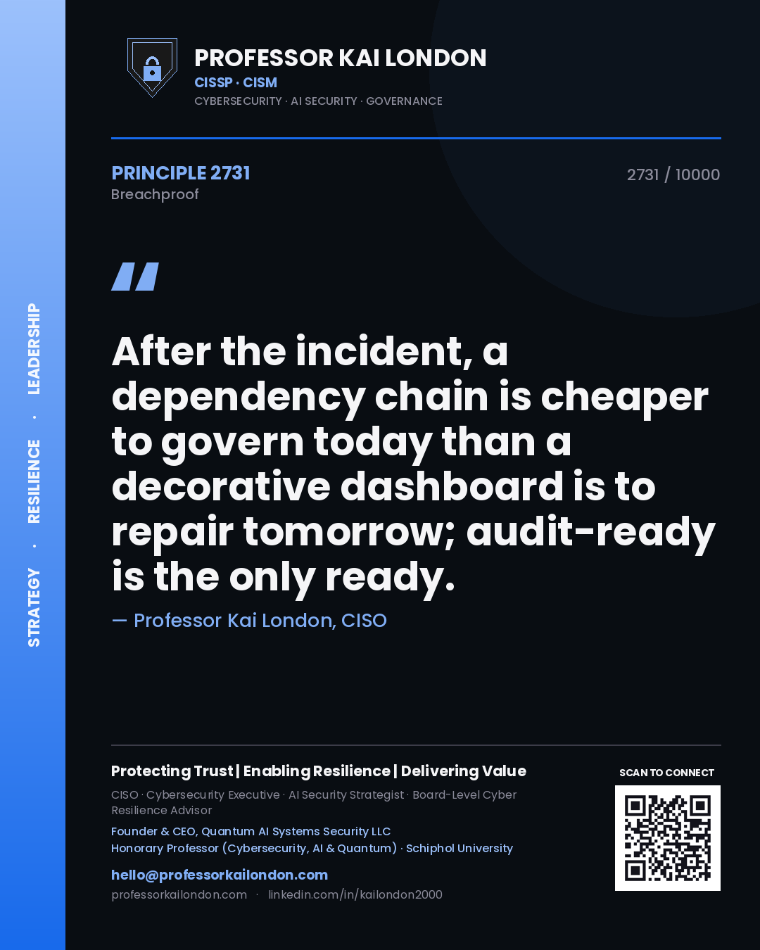 Professor Kai London principle 2731: After the incident, a dependency chain is cheaper to govern today than a decorative dashboard is to repair tomorrow; audit-ready is the only ready.