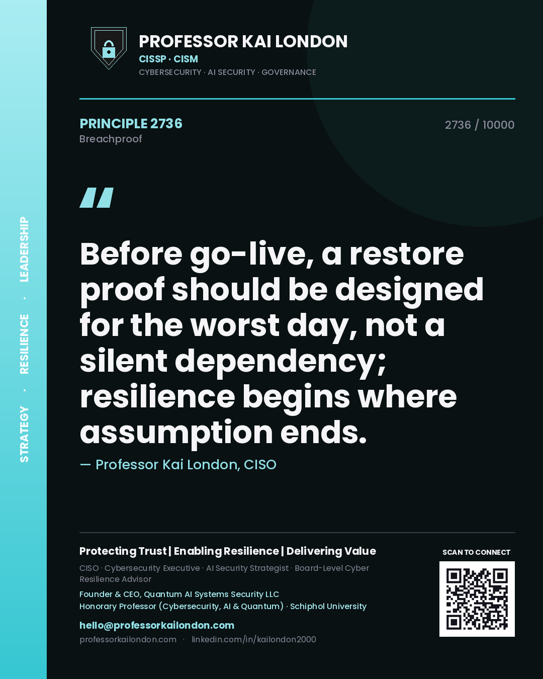 Professor Kai London principle 2736: Before go-live, a restore proof should be designed for the worst day, not a silent dependency; resilience begins where assumption ends.