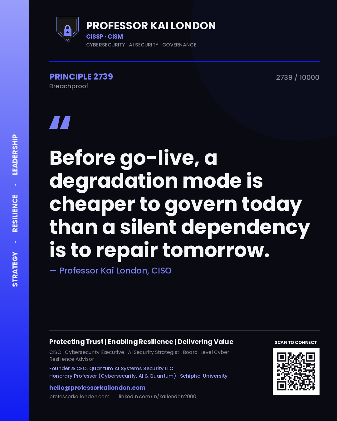 Professor Kai London principle 2739: Before go-live, a degradation mode is cheaper to govern today than a silent dependency is to repair tomorrow.