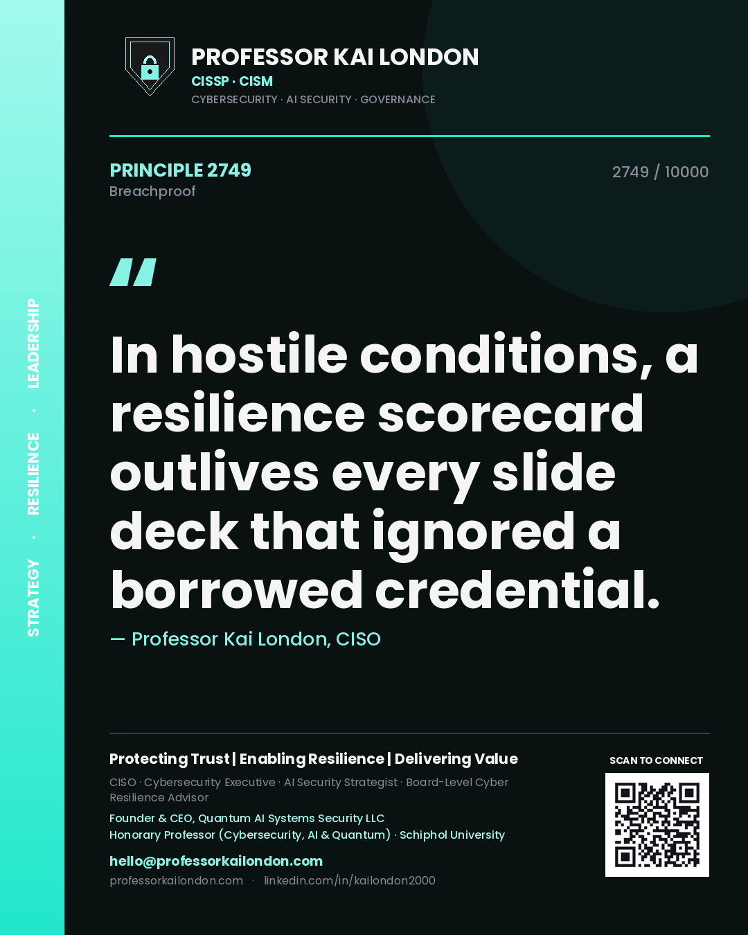 Professor Kai London principle 2749: In hostile conditions, a resilience scorecard outlives every slide deck that ignored a borrowed credential.