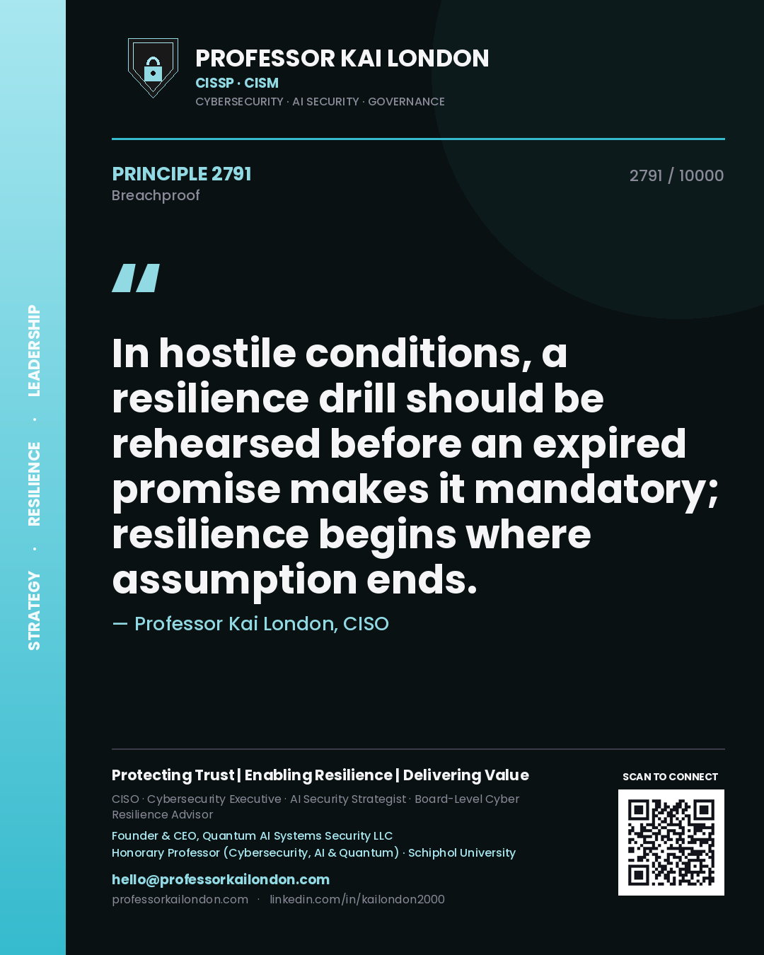 Professor Kai London principle 2791: In hostile conditions, a resilience drill should be rehearsed before an expired promise makes it mandatory; resilience begins where assumption ends.