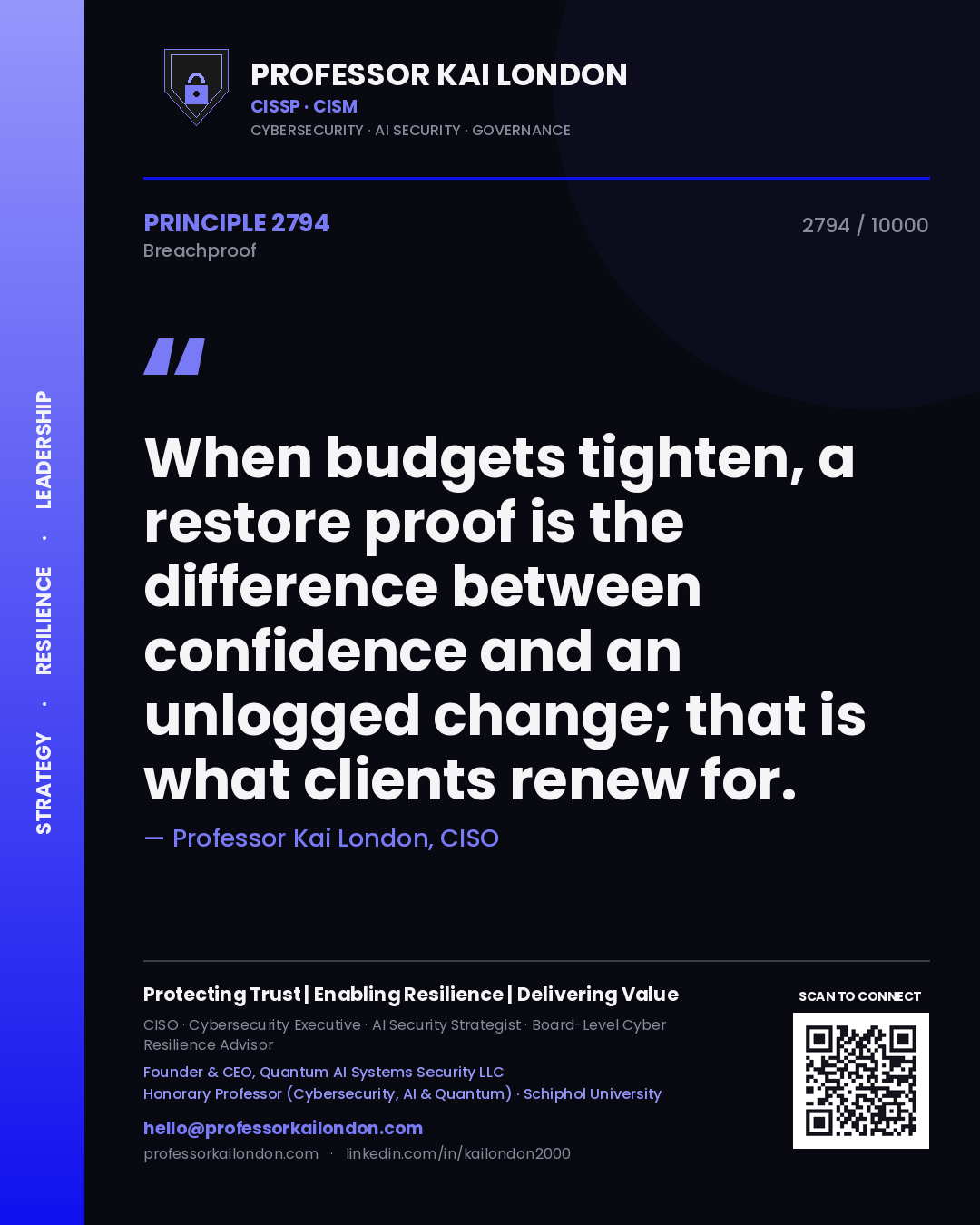 Professor Kai London principle 2794: When budgets tighten, a restore proof is the difference between confidence and an unlogged change; that is what clients renew for.