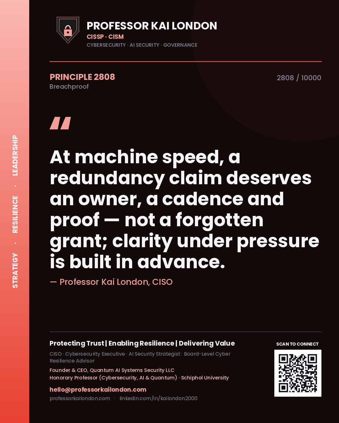 Professor Kai London principle 2808: At machine speed, a redundancy claim deserves an owner, a cadence and proof — not a forgotten grant; clarity under pressure is built in advance.