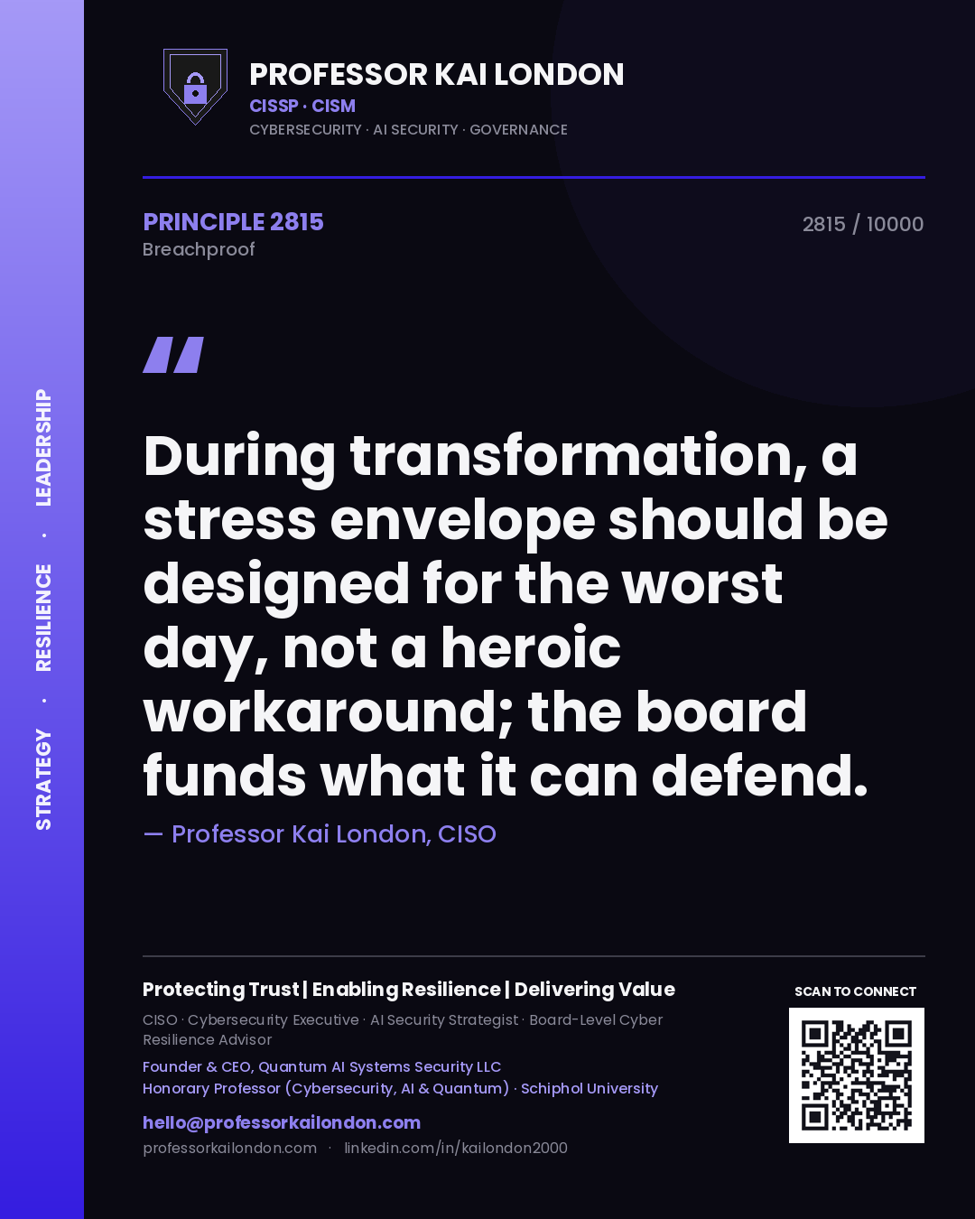 Professor Kai London principle 2815: During transformation, a stress envelope should be designed for the worst day, not a heroic workaround; the board funds what it can defend.