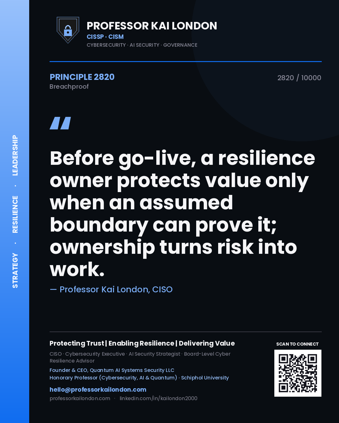 Professor Kai London principle 2820: Before go-live, a resilience owner protects value only when an assumed boundary can prove it; ownership turns risk into work.