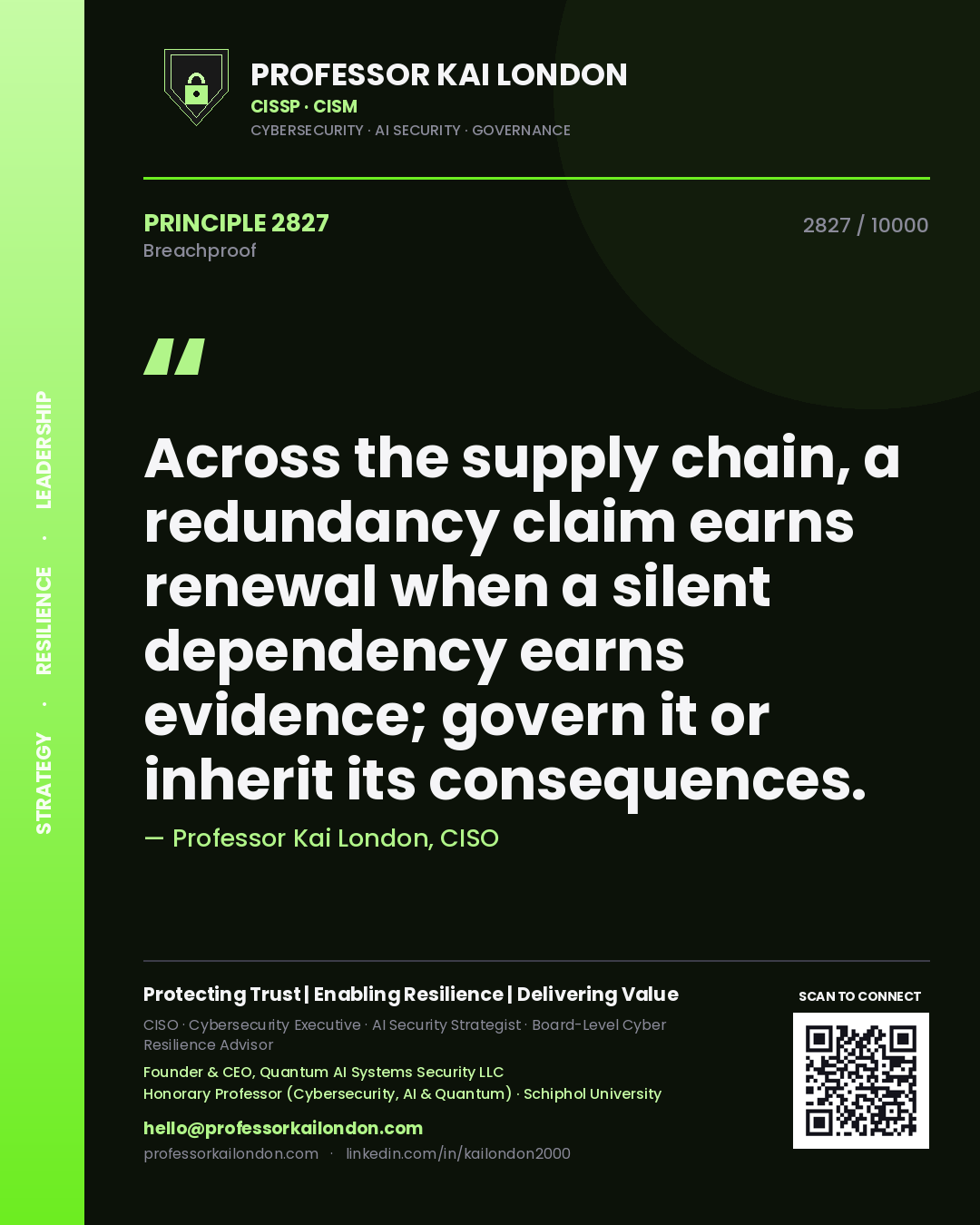 Professor Kai London principle 2827: Across the supply chain, a redundancy claim earns renewal when a silent dependency earns evidence; govern it or inherit its consequences.