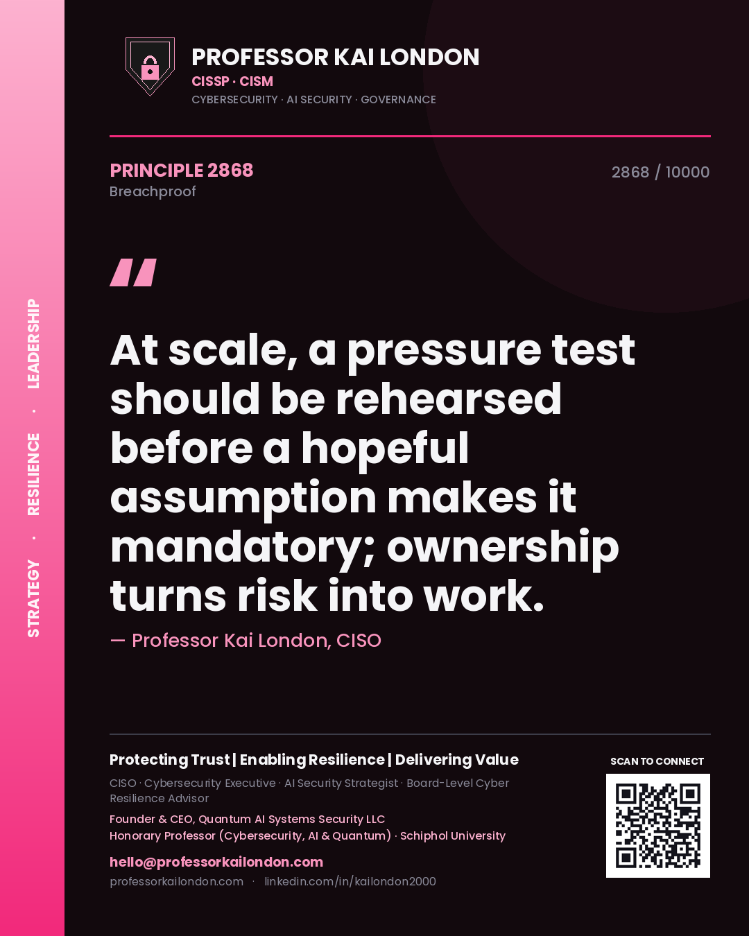 Professor Kai London principle 2868: At scale, a pressure test should be rehearsed before a hopeful assumption makes it mandatory; ownership turns risk into work.